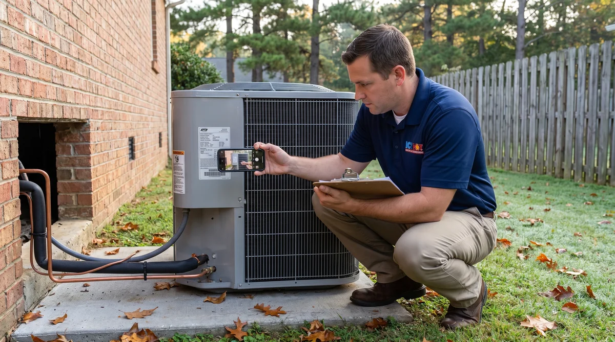 Icy Hot HVAC technician in a navy company polo photographing the model and serial data plate on an outdoor heat pump condenser beside a brick Raleigh NC home on an autumn morning, with insulated copper line set running into the crawlspace