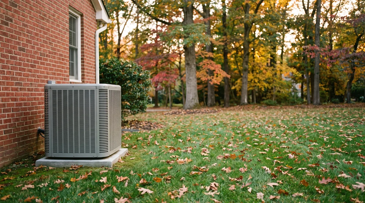 Outdoor residential heat pump condenser unit on a concrete pad beside a brick Raleigh NC home with autumn foliage behind