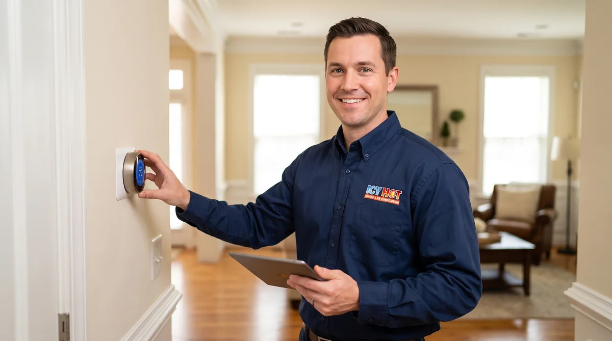 Icy Hot HVAC technician in a navy uniform shirt configuring a newly installed smart thermostat in a Raleigh home hallway