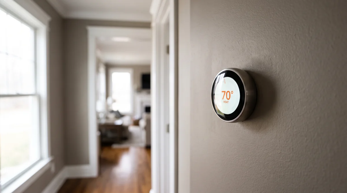 Round smart thermostat with a lit display mounted on a warm gray hallway wall in a Raleigh NC home