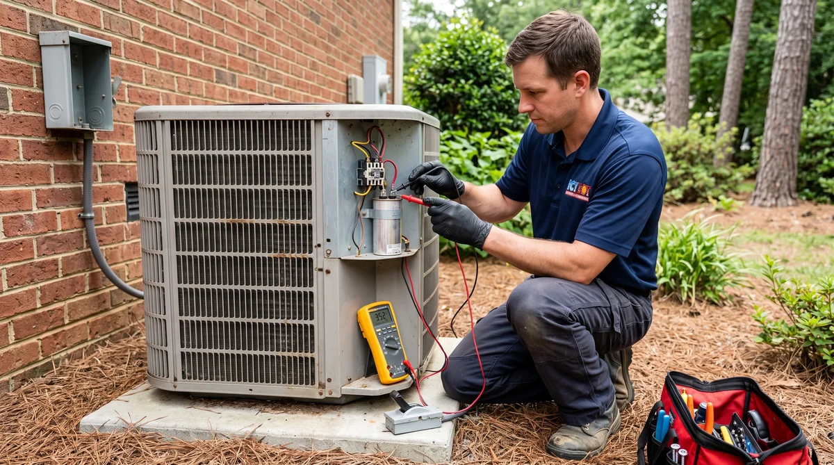 HVAC technician kneeling beside an outdoor AC condenser with the electrical panel removed, holding multimeter probes on a dual-run capacitor while the pulled disconnect handle sits on the concrete pad, at a brick home with pine straw in Raleigh NC