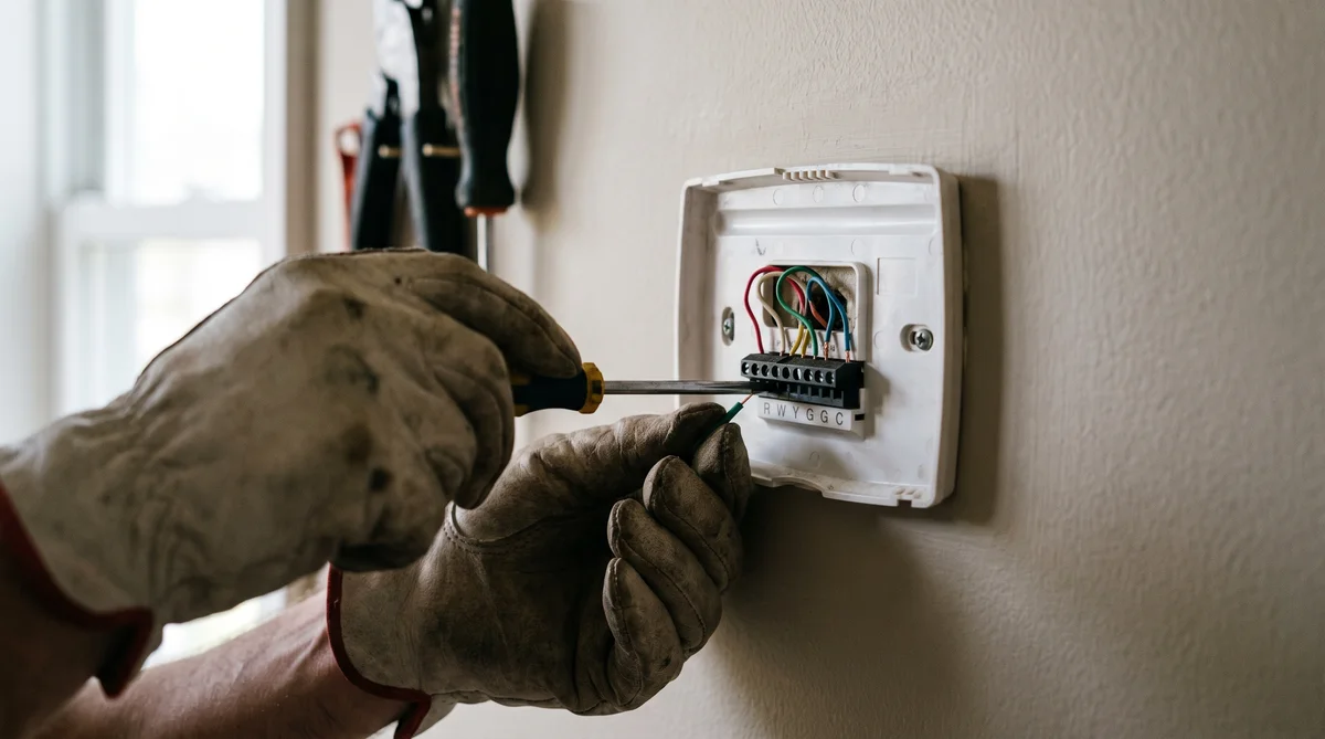 Removed thermostat faceplate revealing labeled screw terminals and colored low voltage wires including red white yellow green and blue