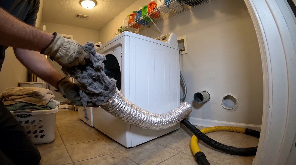A gloved hand pulling a dense packed grey mat of accumulated lint out of the disconnected flexible transition hose behind a white clothes dryer in a Raleigh NC laundry room, with the dryer rolled forward from the wall, the rigid four inch metal vent stub and wall cap visible, and a shop vacuum hose on the tile floor