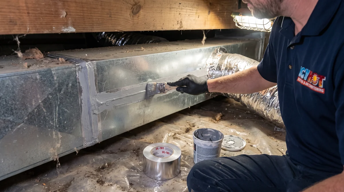 Close over-the-shoulder view of an Icy Hot HVAC technician brushing, with a black-gloved hand, grey water-based duct mastic onto the taped seam of a rectangular sheet-metal supply trunk duct in a Raleigh NC crawl space, with a roll of UL-181 foil tape and an open tub of mastic on the vapor barrier and foil-faced flex duct takeoffs behind
