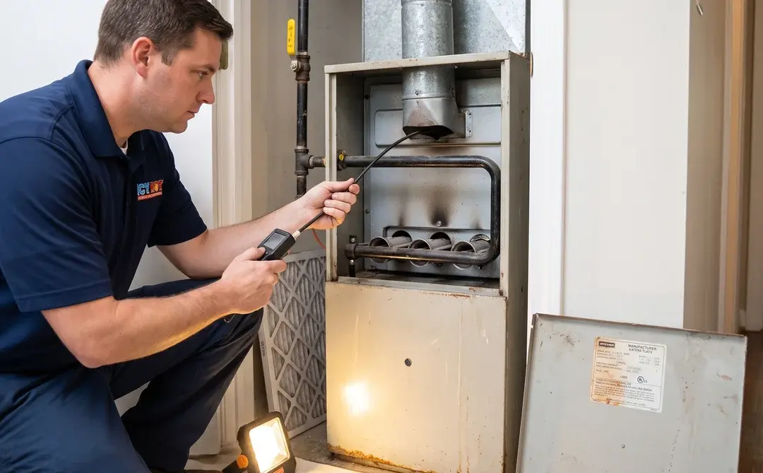 Icy Hot HVAC technician in a navy company polo kneeling at an open older residential gas furnace in a Raleigh NC utility closet, feeding a borescope inspection camera toward the steel heat exchanger above three sooted burners, with the black iron gas line and yellow shutoff handle, galvanized flue pipe, pleated filter and LED work light visible