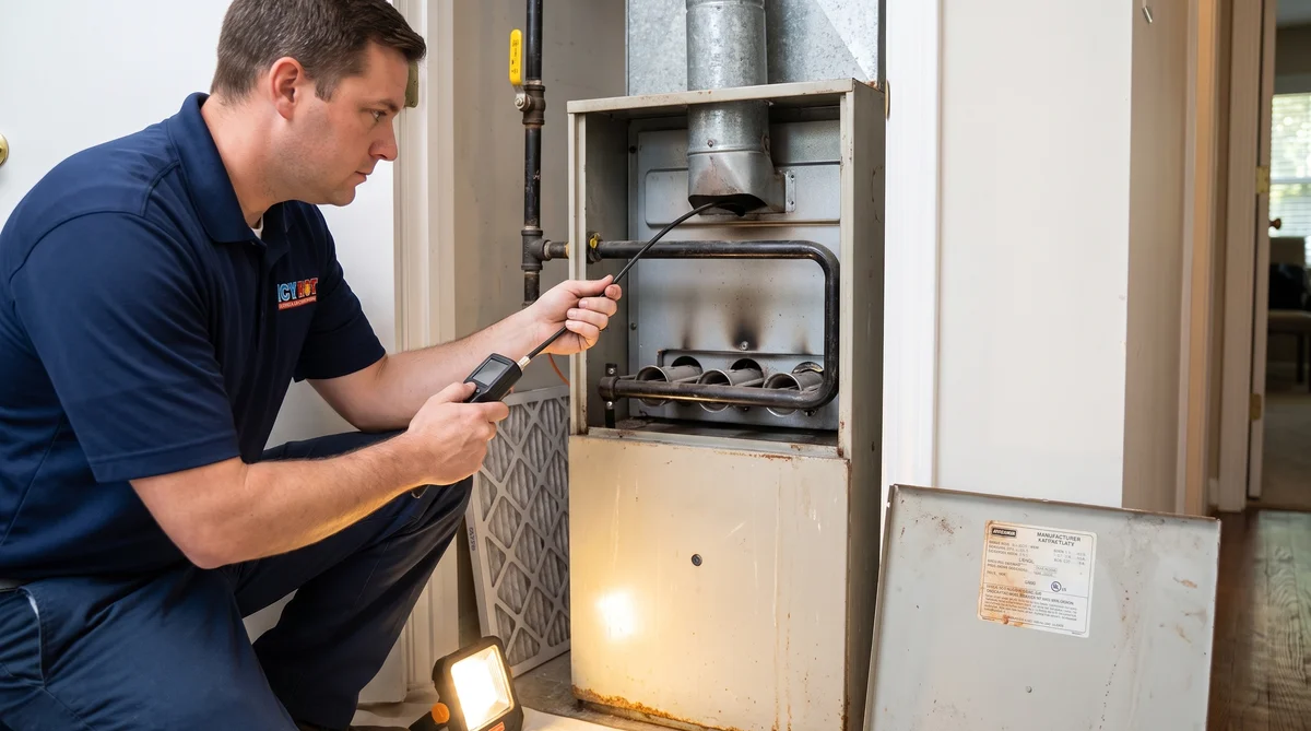 Icy Hot HVAC technician in a navy company polo kneeling at an open older residential gas furnace in a Raleigh NC utility closet, feeding a borescope inspection camera toward the steel heat exchanger above three sooted burners, with the black iron gas line and yellow shutoff handle, galvanized flue pipe, pleated filter and LED work light visible