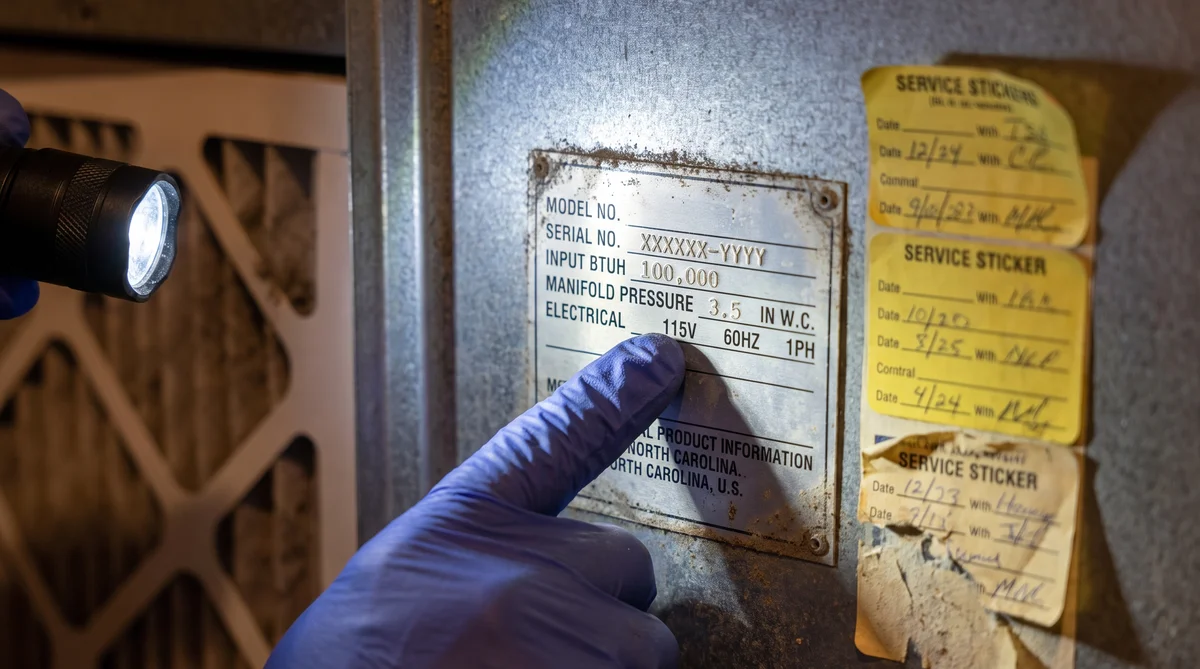 Close-up of the metallic manufacturer rating plate inside the access door of an older residential gas furnace, a gloved technician finger pointing at the serial number line beside printed model number, input BTUH, manifold pressure and electrical rows, with a column of layered yellow annual service stickers taped alongside and a flashlight raking across the stamped characters