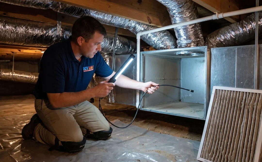 Icy Hot HVAC technician inspecting the open return-air plenum of a furnace air handler in a Raleigh NC crawl space with an LED light and borescope probe