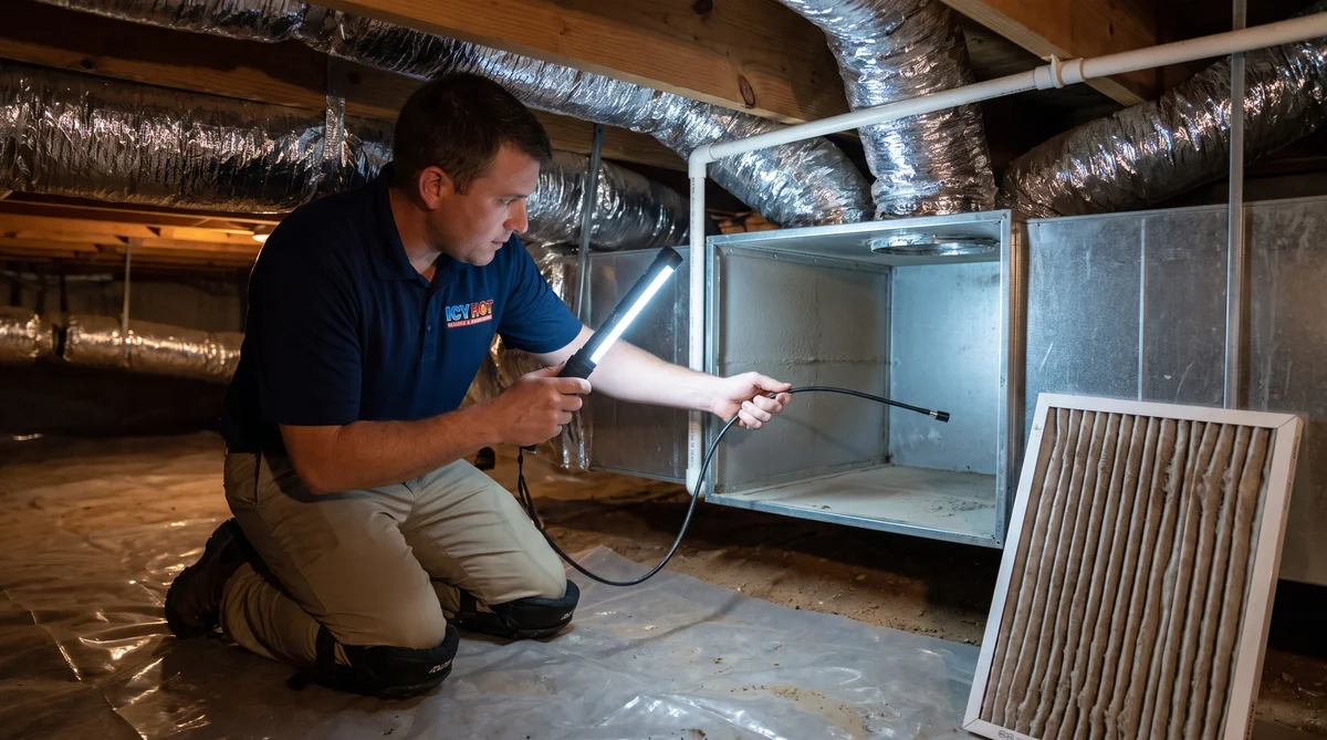 Icy Hot HVAC technician in a navy company polo kneeling in a Raleigh NC crawl space with an LED inspection light and a borescope probe aimed into the open sheet-metal return-air plenum of a gas furnace air handler, with foil-faced insulated flex duct branches between the floor joists, a white PVC condensate line and a dusty pleated filter leaning against the plenum
