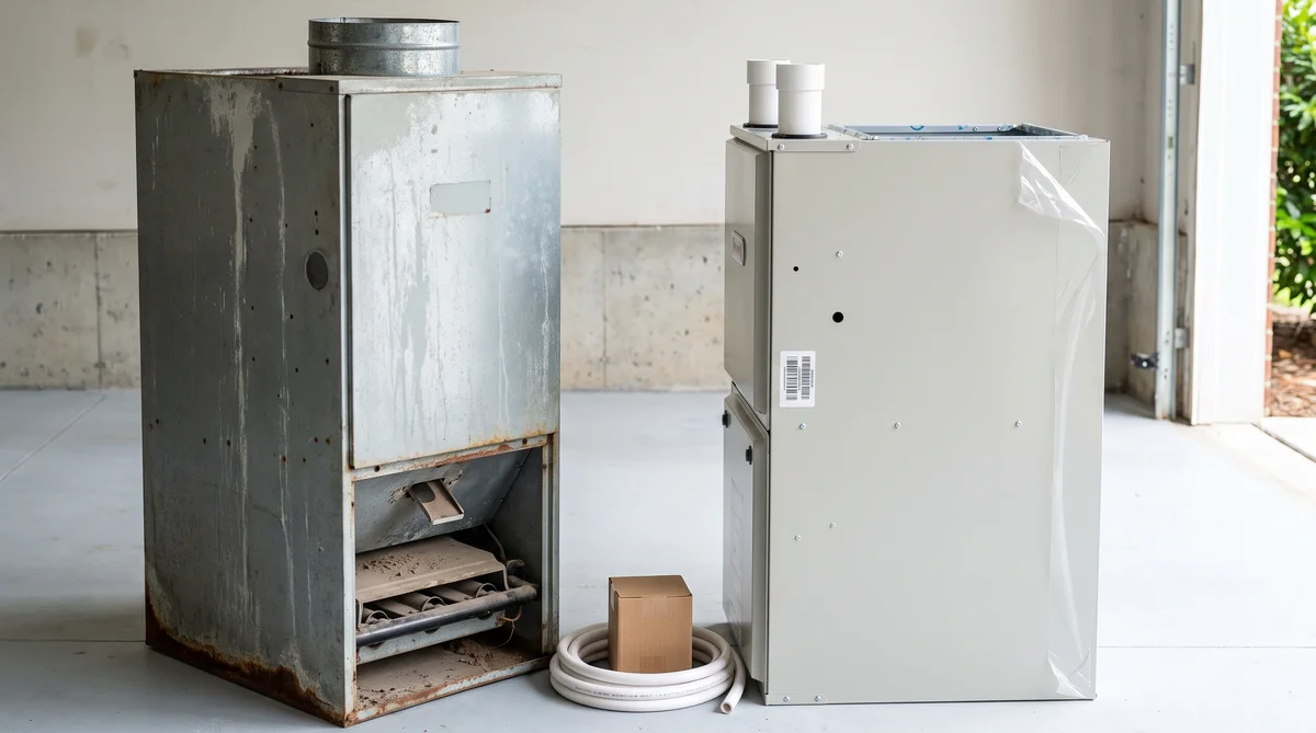An old removed residential gas furnace with a chalky galvanized cabinet, rusted bottom seam and round metal flue collar standing beside a brand new high efficiency condensing furnace with two white PVC vent stubs, factory barcode sticker and protective film, on the concrete floor of a daylit Raleigh NC garage