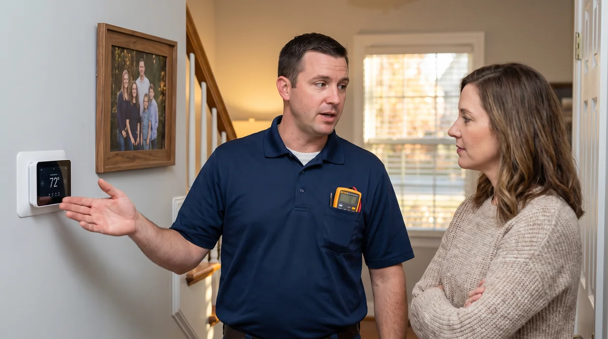 Icy Hot HVAC technician in a navy company polo standing in the hallway of a Raleigh NC home, gesturing toward a wall-mounted smart thermostat reading 72 degrees while explaining two-stage furnace controls to a homeowner in a cream sweater, with a framed family photo, staircase and late-afternoon window light in the background