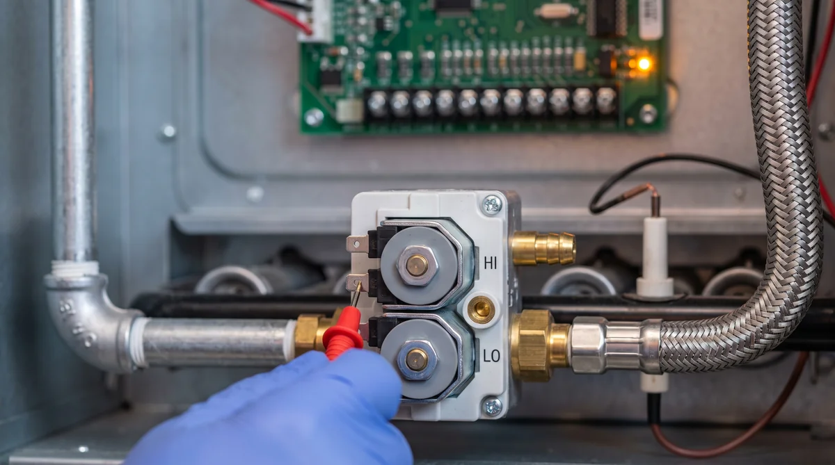 Macro detail of a two-stage residential gas furnace valve with its HI and LO solenoid coils labeled, a gloved technician steadying a red test lead on a low-voltage spade terminal, with the green integrated furnace control board, color-coded thermostat wiring, gas manifold, igniter and braided flex connector visible in the cabinet behind it