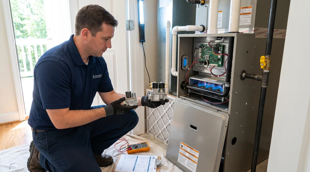 Icy Hot HVAC technician in a navy company polo kneeling at an open high-efficiency condensing gas furnace in a Raleigh NC utility closet, holding up a single-stage gas valve with one solenoid coil in one hand and a two-stage gas valve with two stacked solenoid coils in the other, with the lit blue burners, green control board, white PVC flue pipes and yellow gas shutoff handle visible in the cabinet